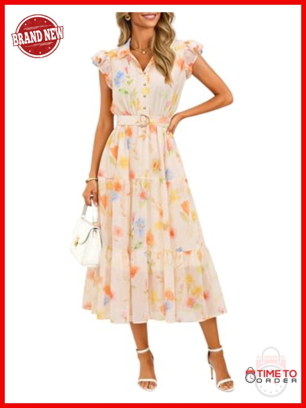 ZESICA Womens Floral Midi Dress Button V-Neck Ruffled Short Sleeve Belted